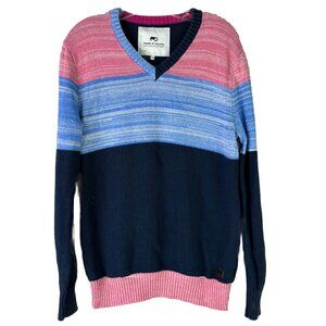 Moods Of Norway Medium Women's 100% Cotton Striped Sweater Pink Blue V Neck EUC